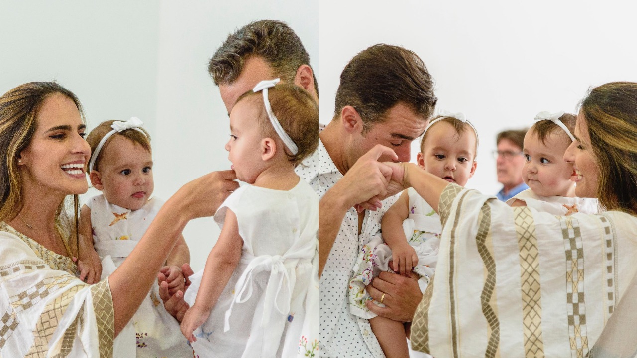 Pai babão, Joaquim Lopes posta fotos do batizado e comemora o primeiro aniversário das filhas gêmeas