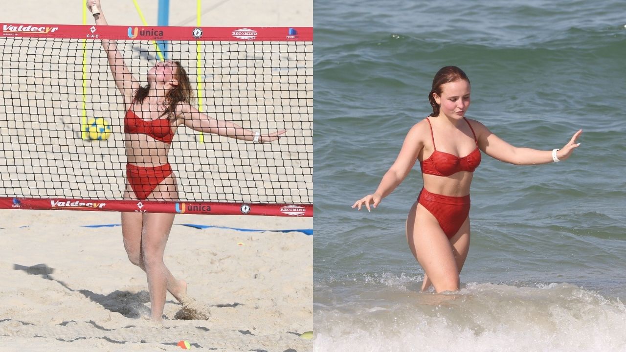 Larissa Manoela treina beach tennis em praia no Rio de Janeiro