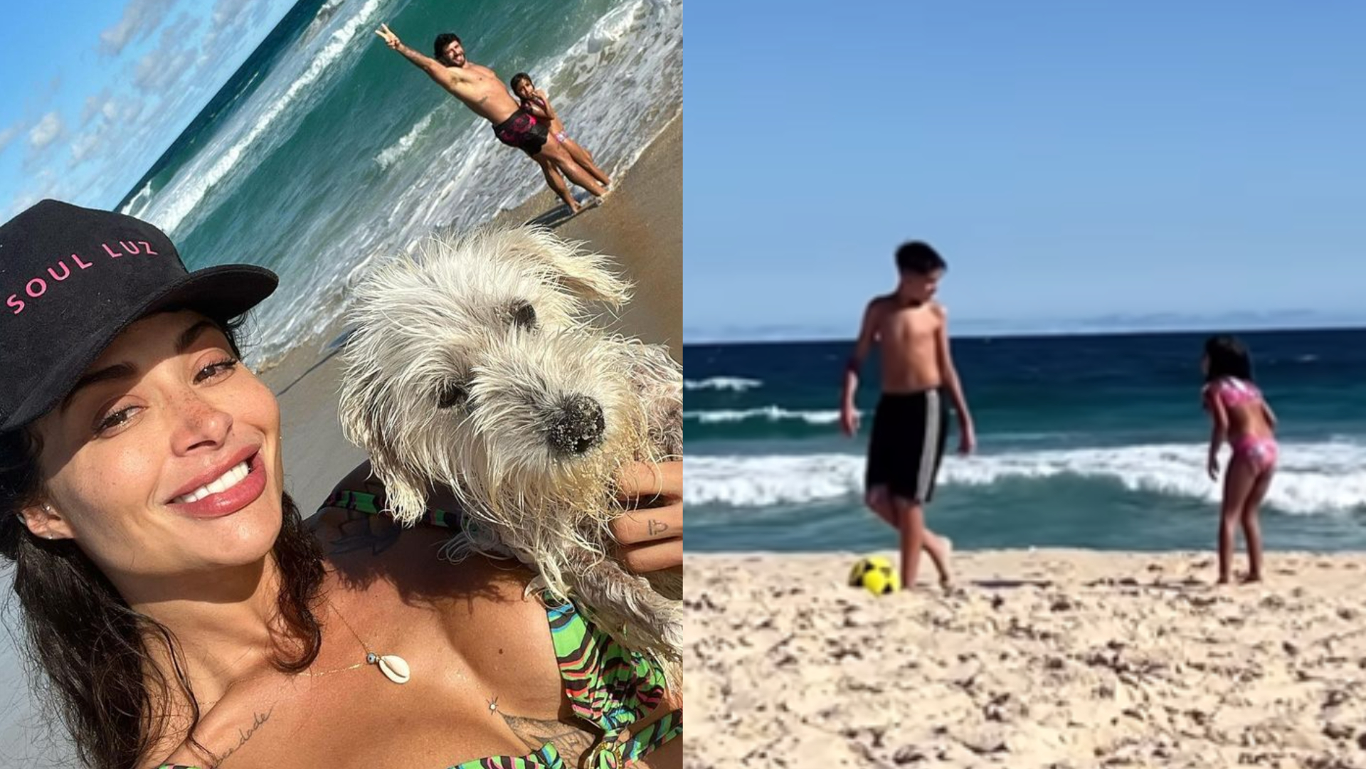 Aline Campos exibe corpaço em dia de praia com o filho, Jesus Luz e a herdeira do DJ: ”Família linda”