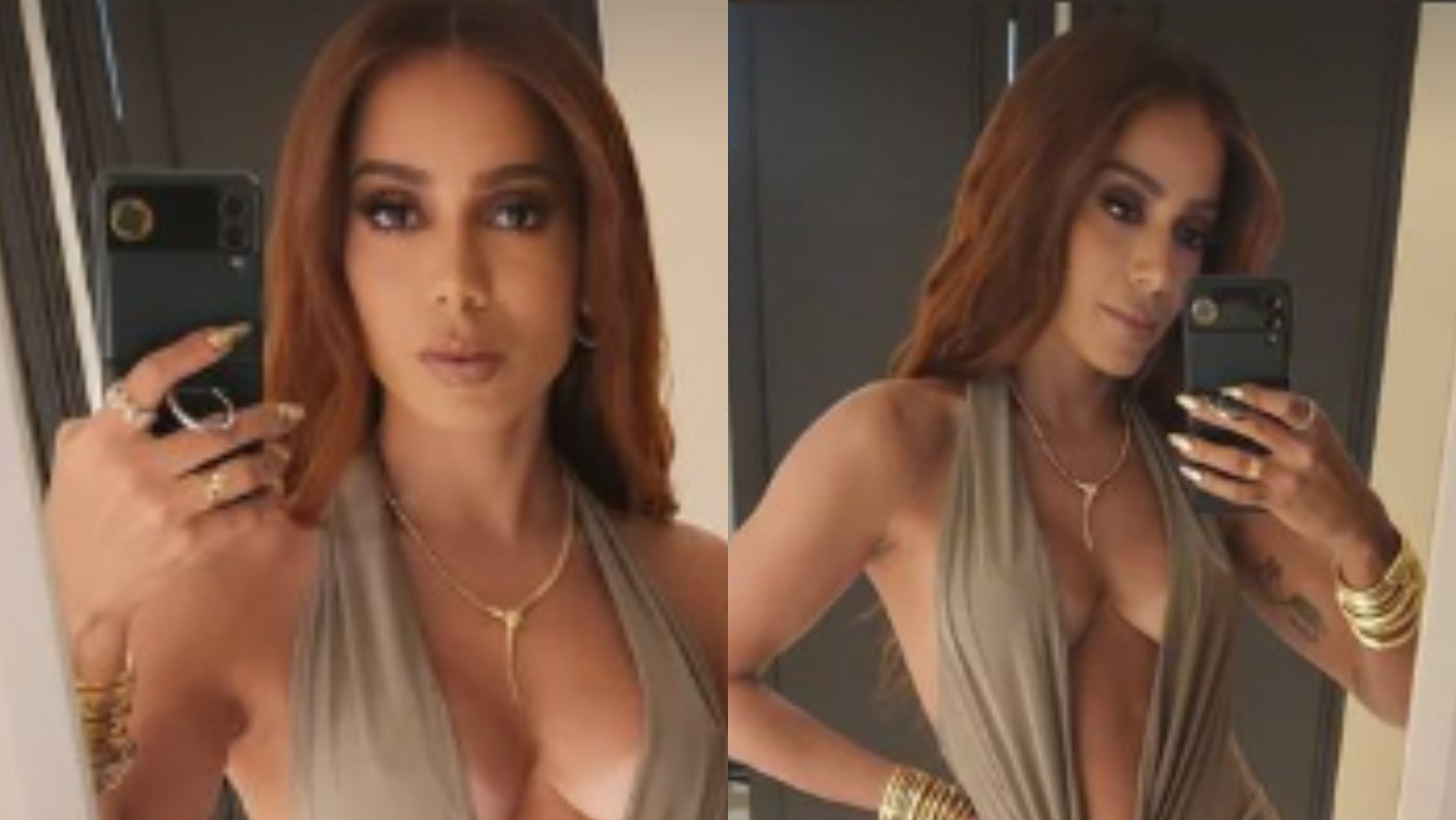 Na frente do espelho, Anitta dispensa sutiã e posa com vestido com decote até o umbigo