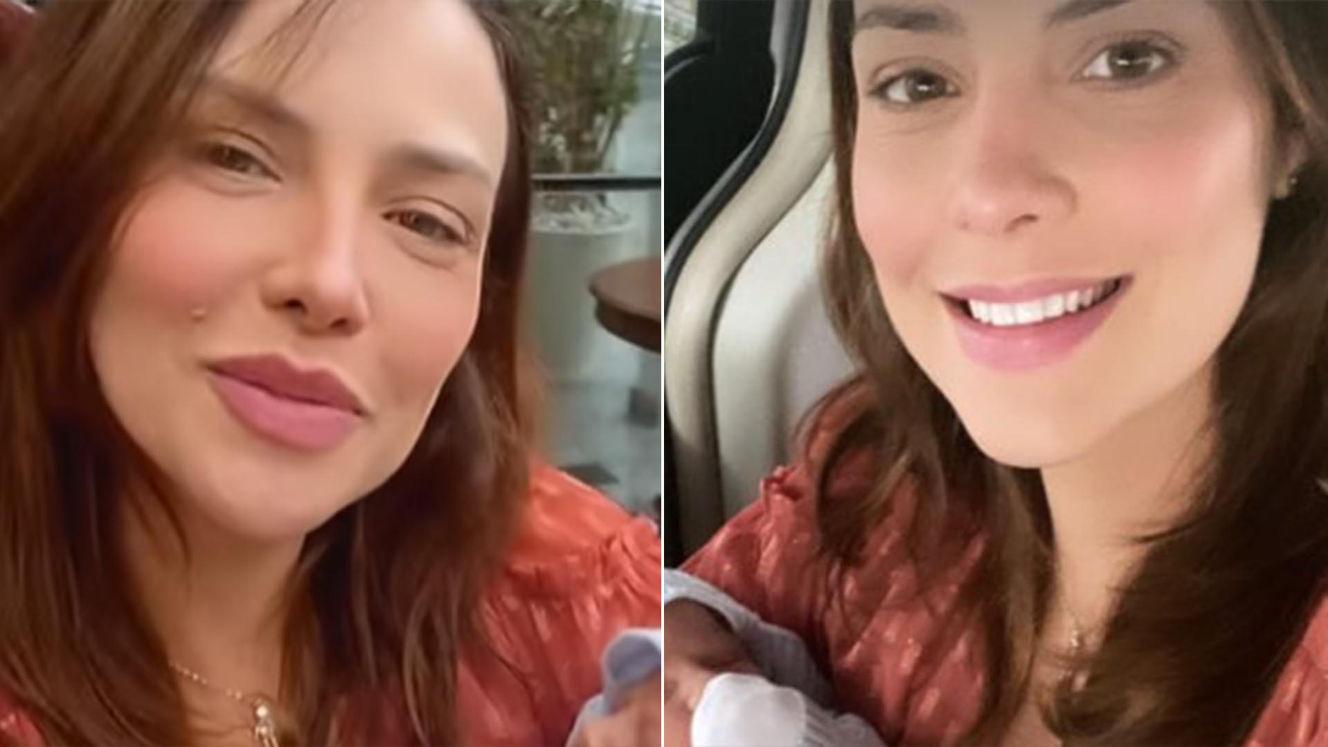 Camila Rodrigues deixa a maternidade com o filho recém-nascido nos braços