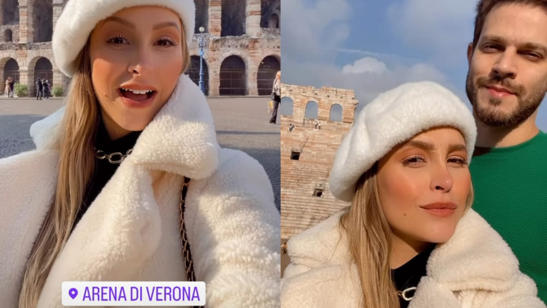 Carla Diaz visita Arena de Verona, na Itália, acompanhada do noivo Felipe Becari
