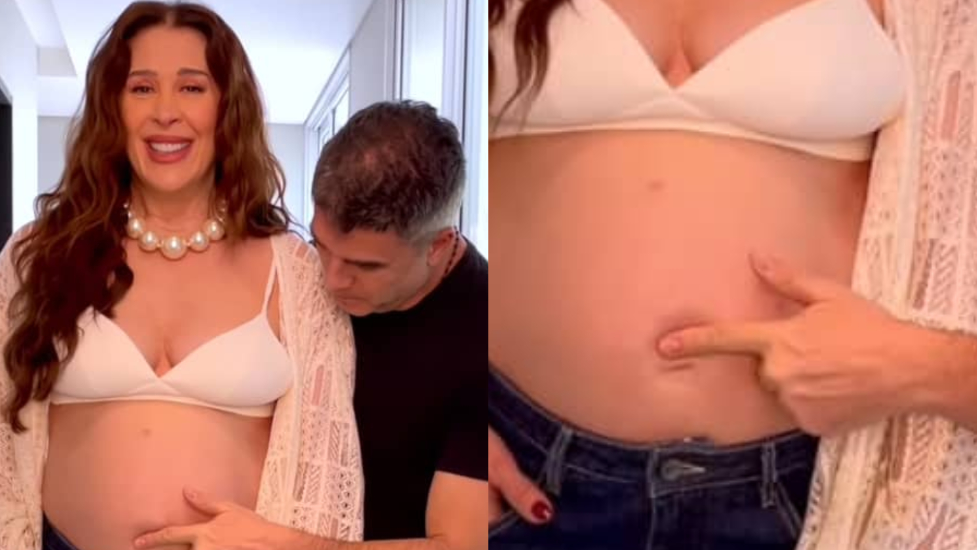 De top, Claudia Raia exibe umbigo mega saltado e brinca com o marido: ”Ansiosos”