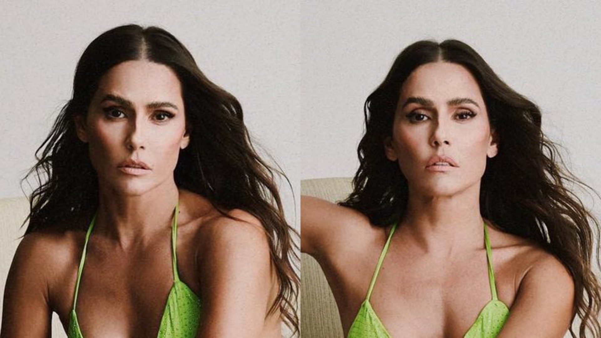 Deborah Secco elege vestido verde curto e decotado para ensaio estonteante