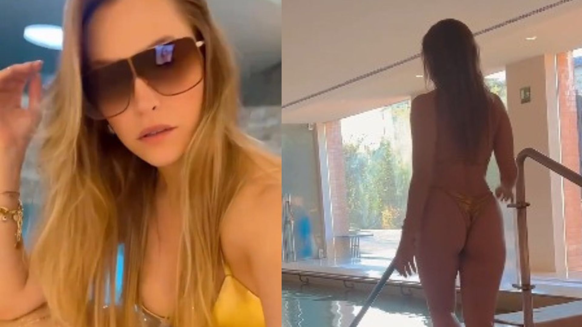 De biquíni dourado, Carla Diaz toma banho de piscina em hotel luxuoso