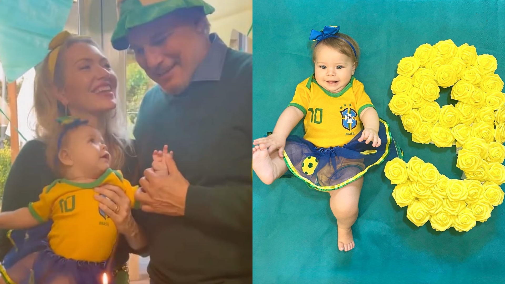 Em clima de Copa do Mundo, Edson Celulari e Karin Roepke celebram o nono mês da filha
