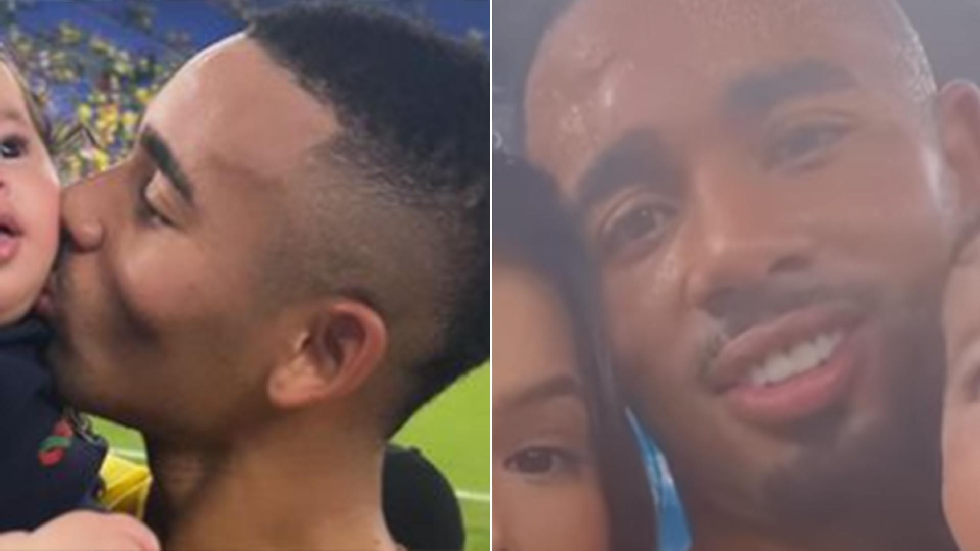 Gabriel Jesus surge com a filha e a companheira após jogo do Brasil