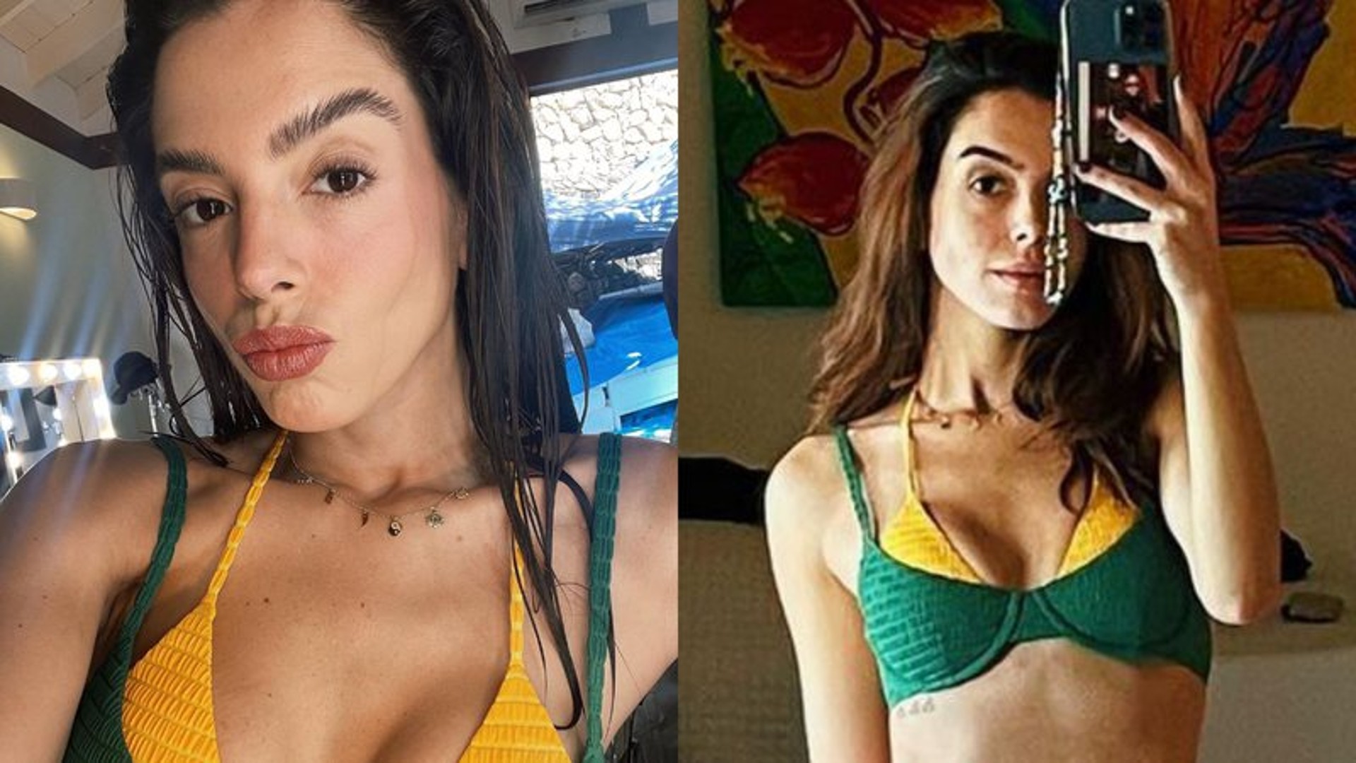 Giovanna Lancellotti posa poderosa de biquíni verde e amarelo após vitória do Brasil