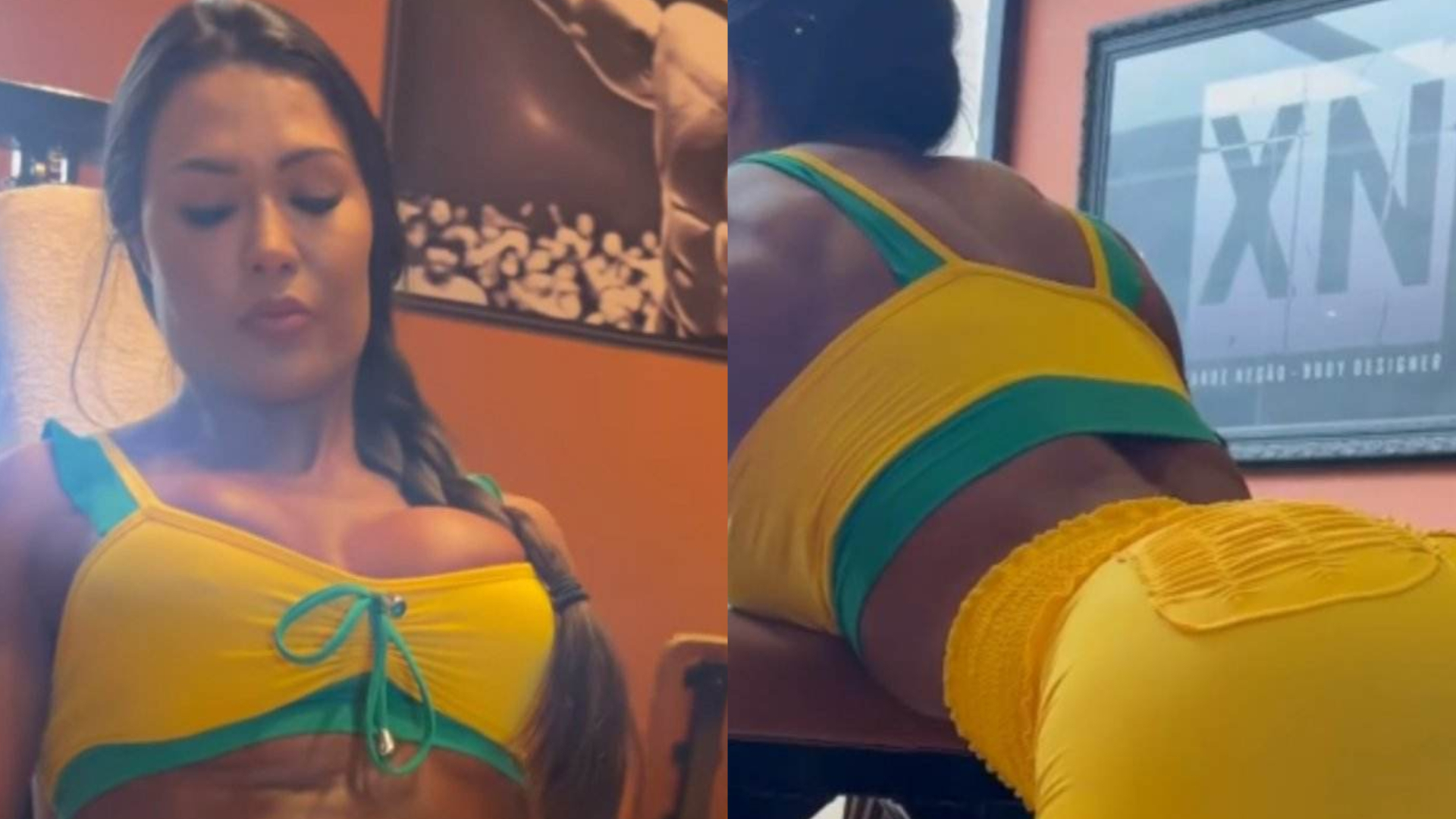 De look verde e amarelo, Gracyanne Barbosa exibe curvas turbinadas em ação e choca