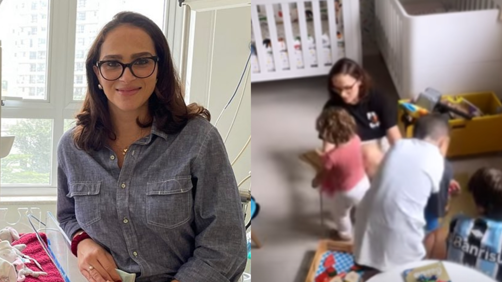 Esposa de Juliano Cazarré se despede da família para retornar ao hospital com a caçula