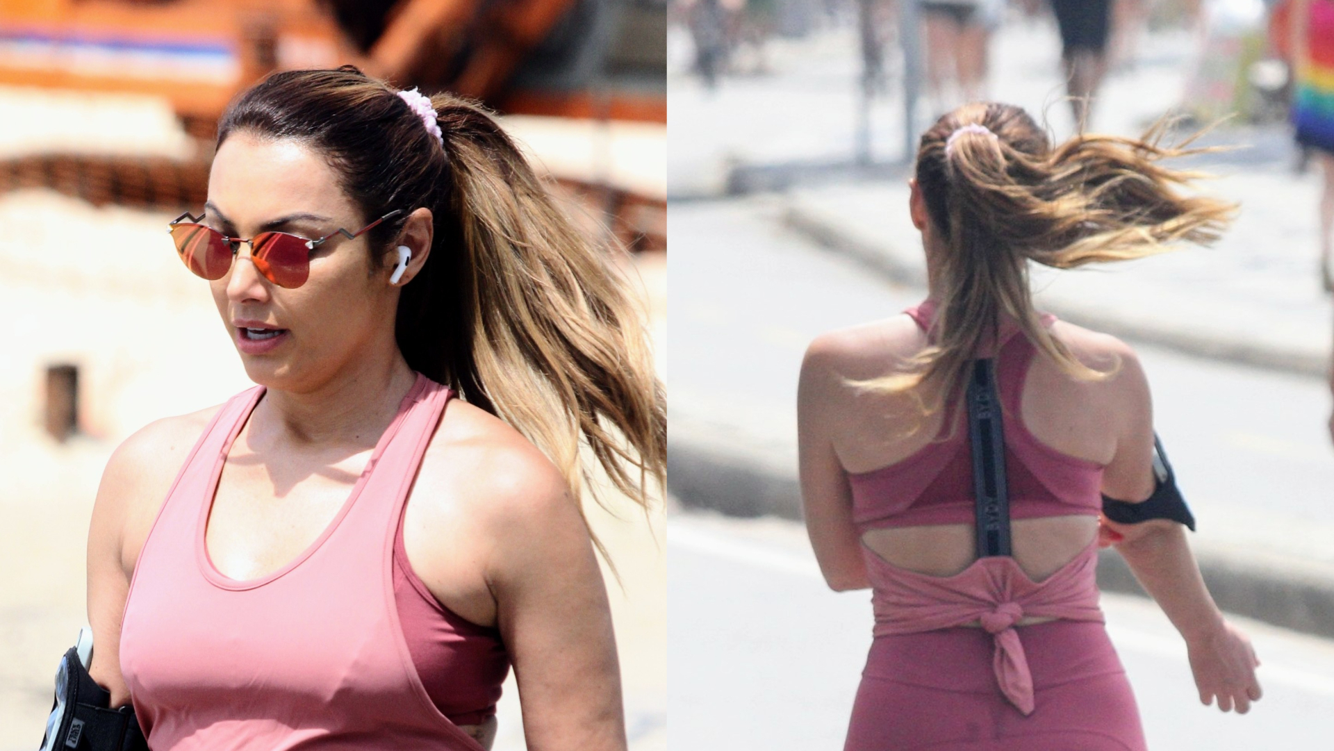 De look fitness todo rosa, Patrícia Poeta caminha pela orla do Leblon, no Rio