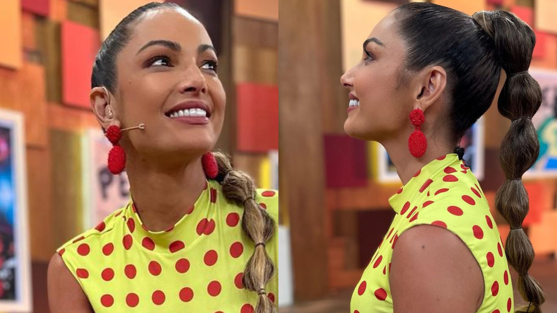 Patrícia Poeta retorna ao trabalho com look todo de ‘bolas’: ”Clima da Copa”