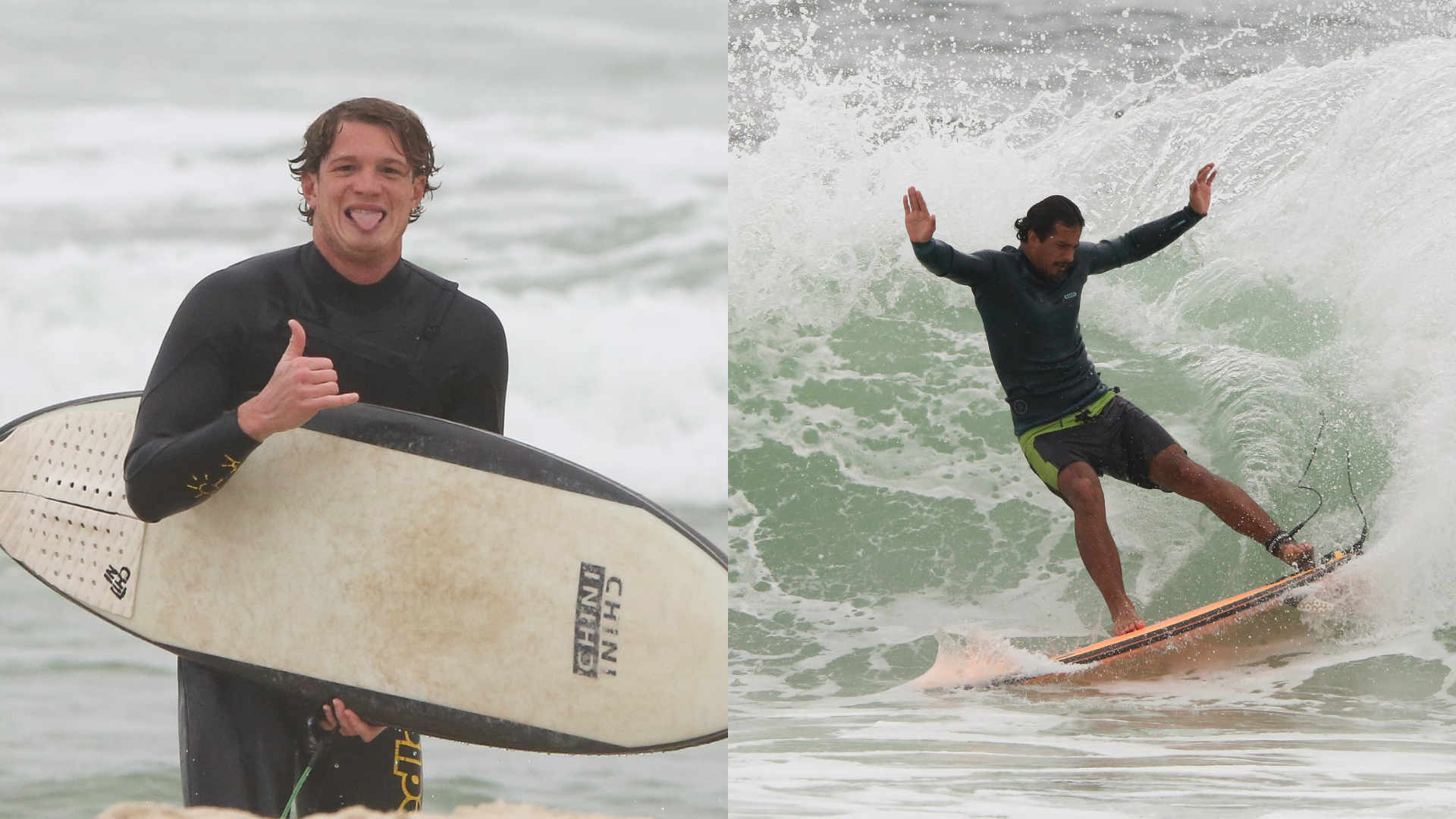 Pedro Novaes aproveita o dia na Praia da Barra, surfando, ao lado do irmão Diogo Novaes