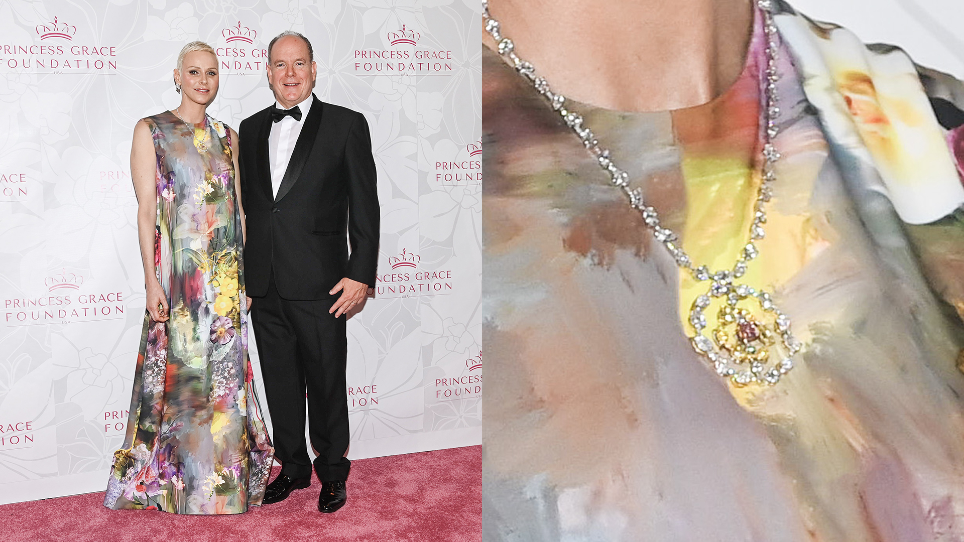 Princesa Charlene usa colar com diamante rosa raro