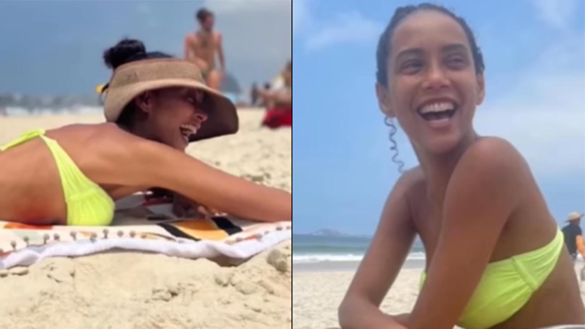 De biquíni, Taís Araújo faz fotos na praia e brinca: ‘bundinha de fora’