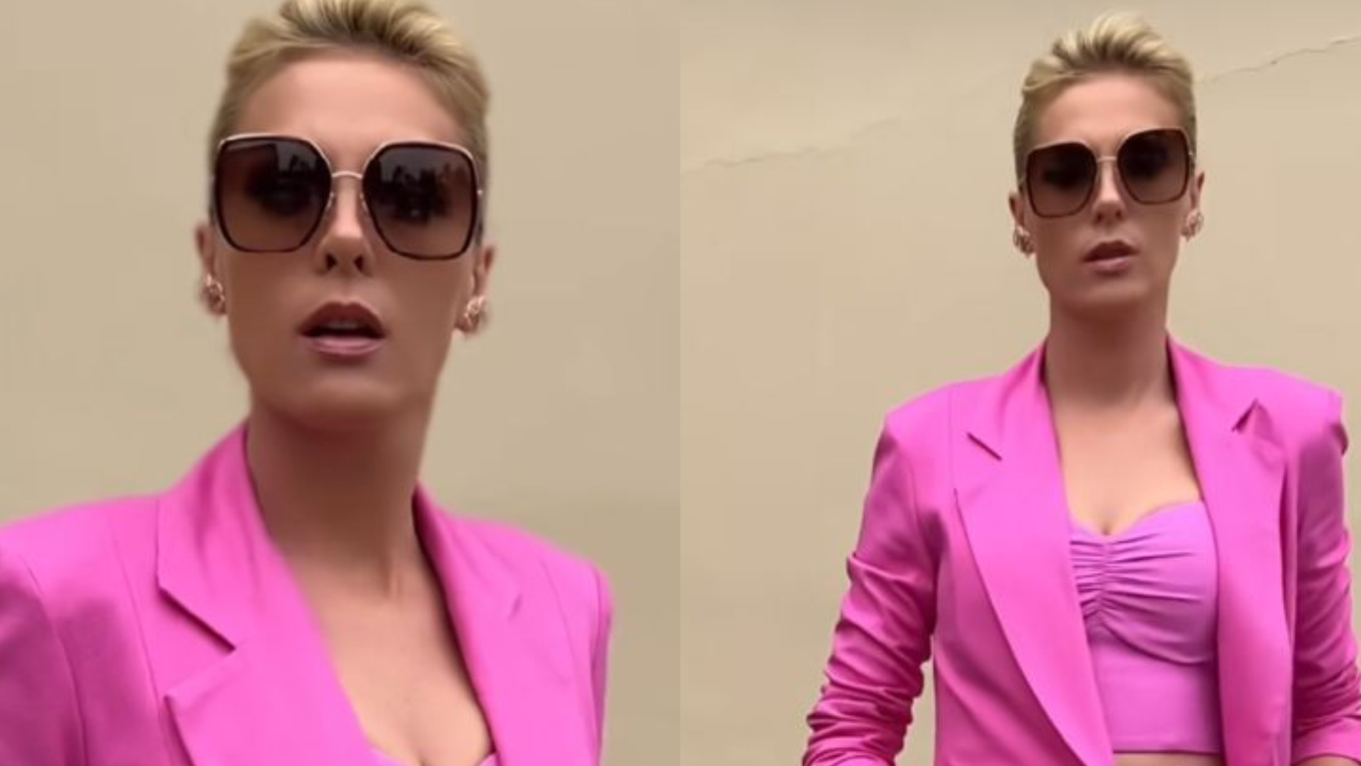 Ana Hickmann elege conjuntinho rosa, e o marido baba: ”Minha loira linda”