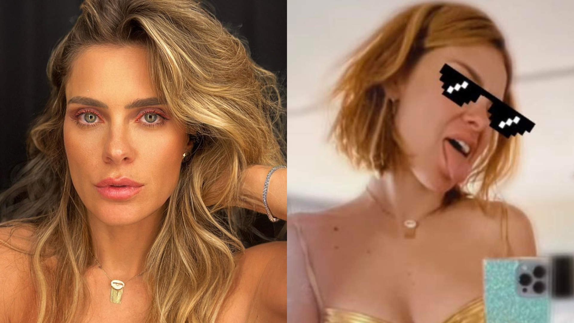 De biquíni dourado, Carolina Dieckmann mostra entradinha em foto no espelho