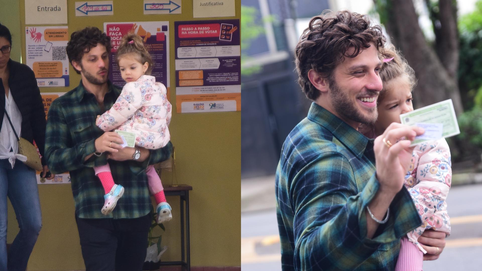 Com a filha no colo, Chay Suede vota em escola de São Paulo