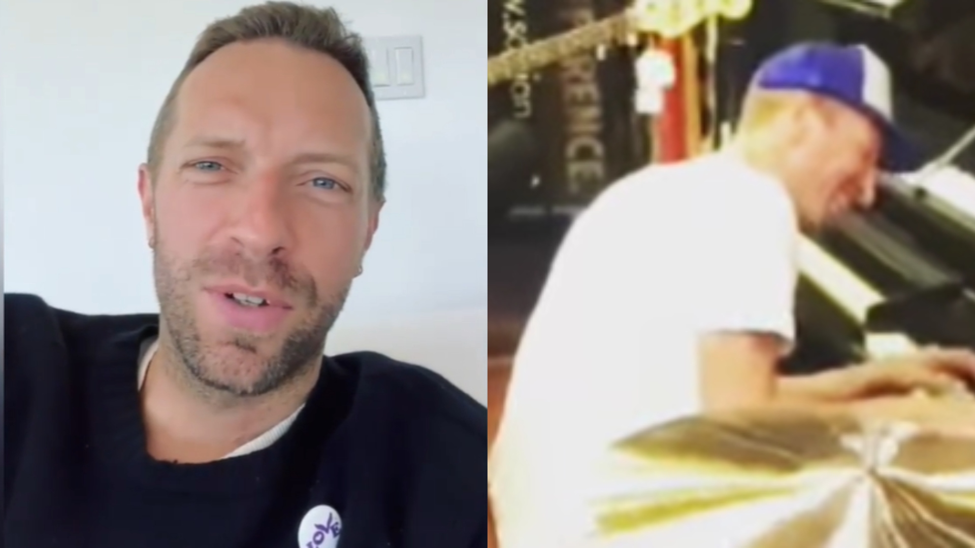 Chris Martin, do Coldplay, toca ao lado de funcionários de loja de instrumentos na Argentina