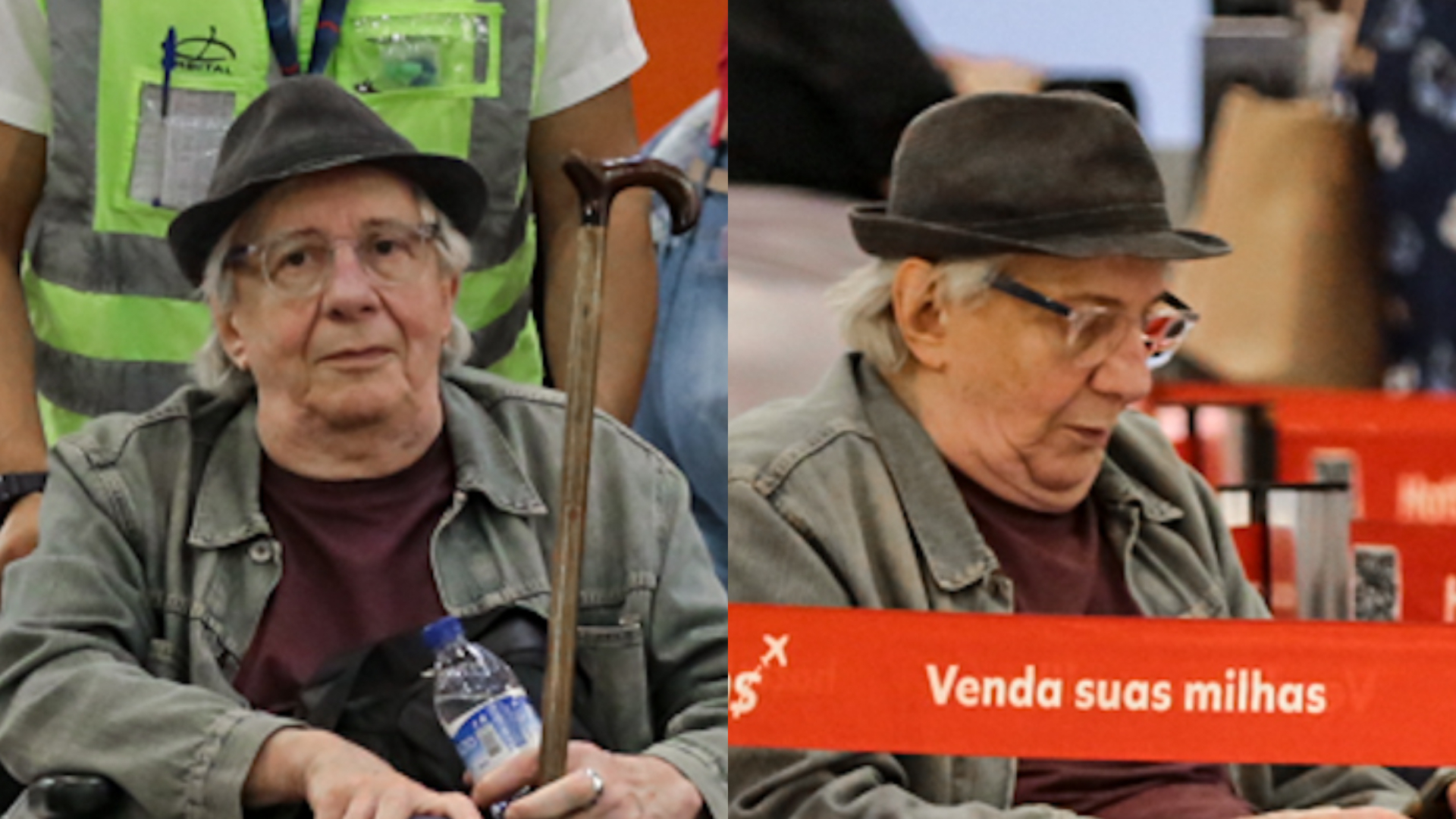 De cadeira de rodas, Marco Nanini recebe ajuda em aeroporto do Rio de Janeiro