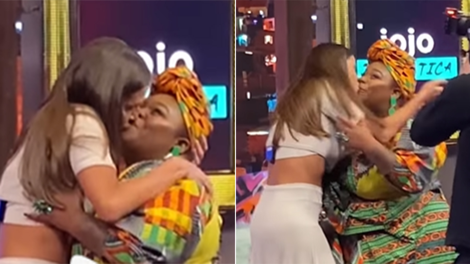Deborah Secco dá beijão em Jojo Todynho durante gravação no Multishow