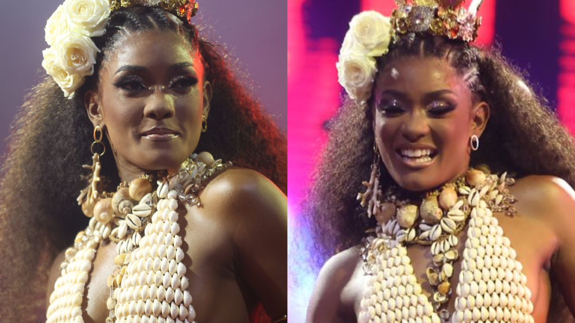 De look com conchas e búzios, Erika Januza mostra samba no pé na quadra da Viradouro