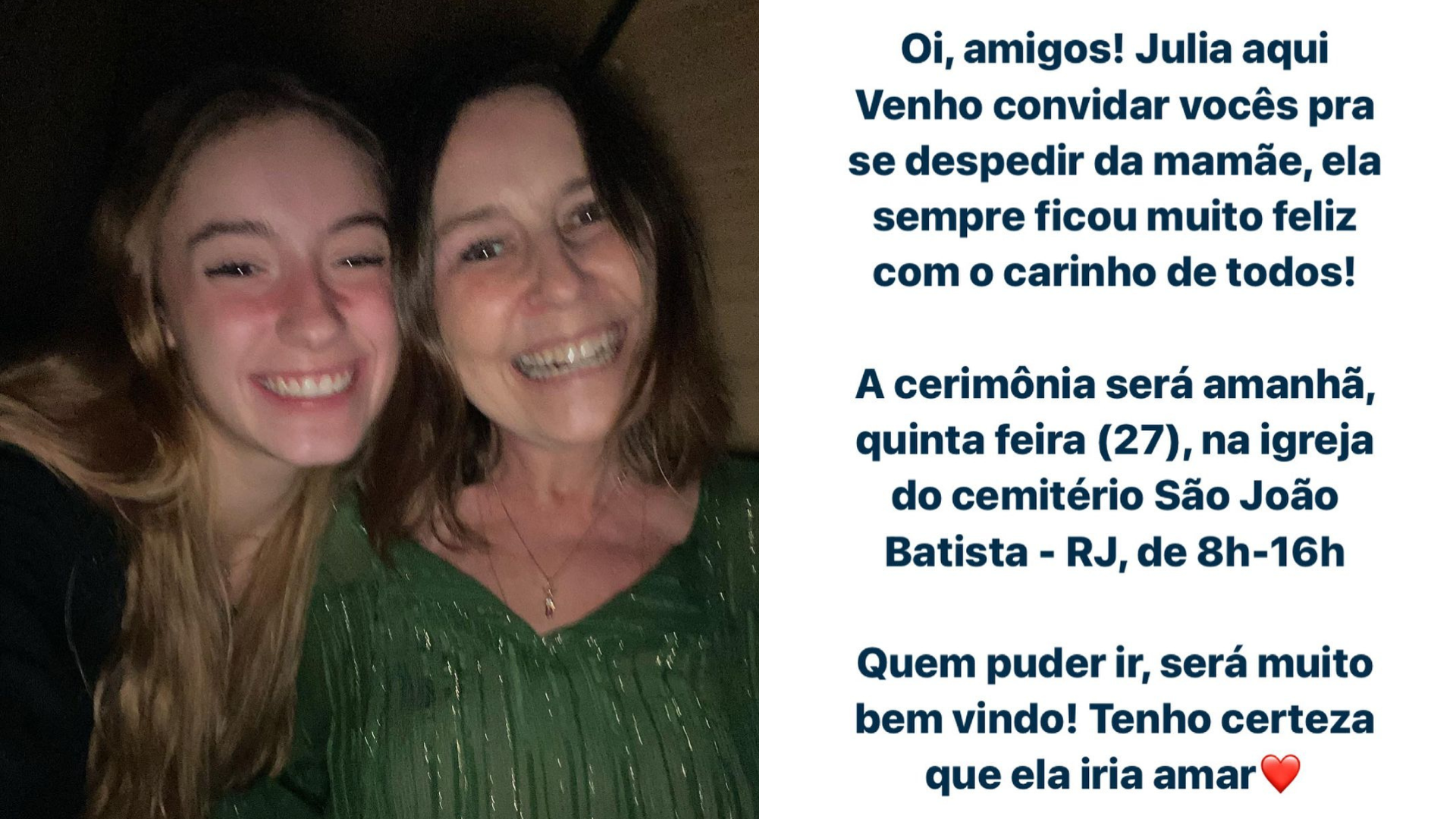 Filha de Susana Naspolini convida fãs para velório da mãe: “Tenho certeza que ela iria amar!”