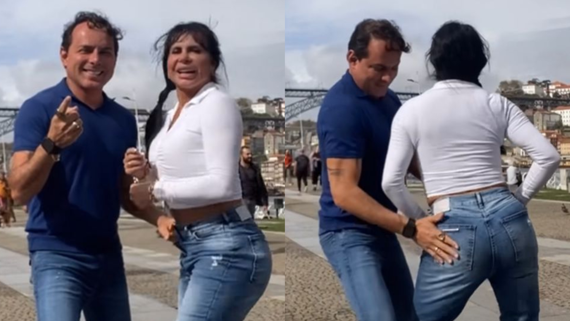 Gretchen faz dancinha e mostra o rebolado ao lado do marido nas ruas de Portugal