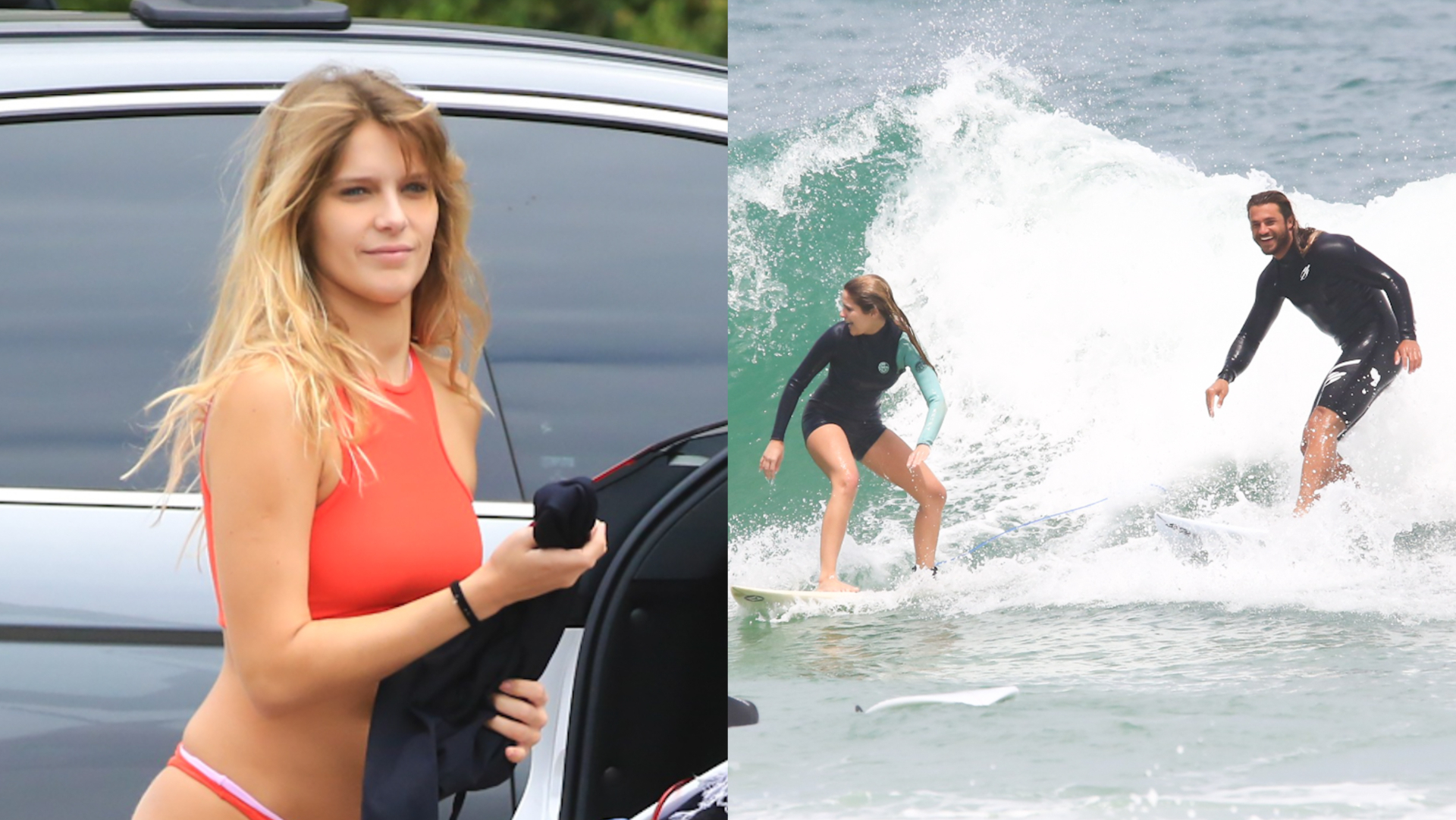 Isabella Santoni mostra habilidade no surfe e troca beijos com o namorado no Rio