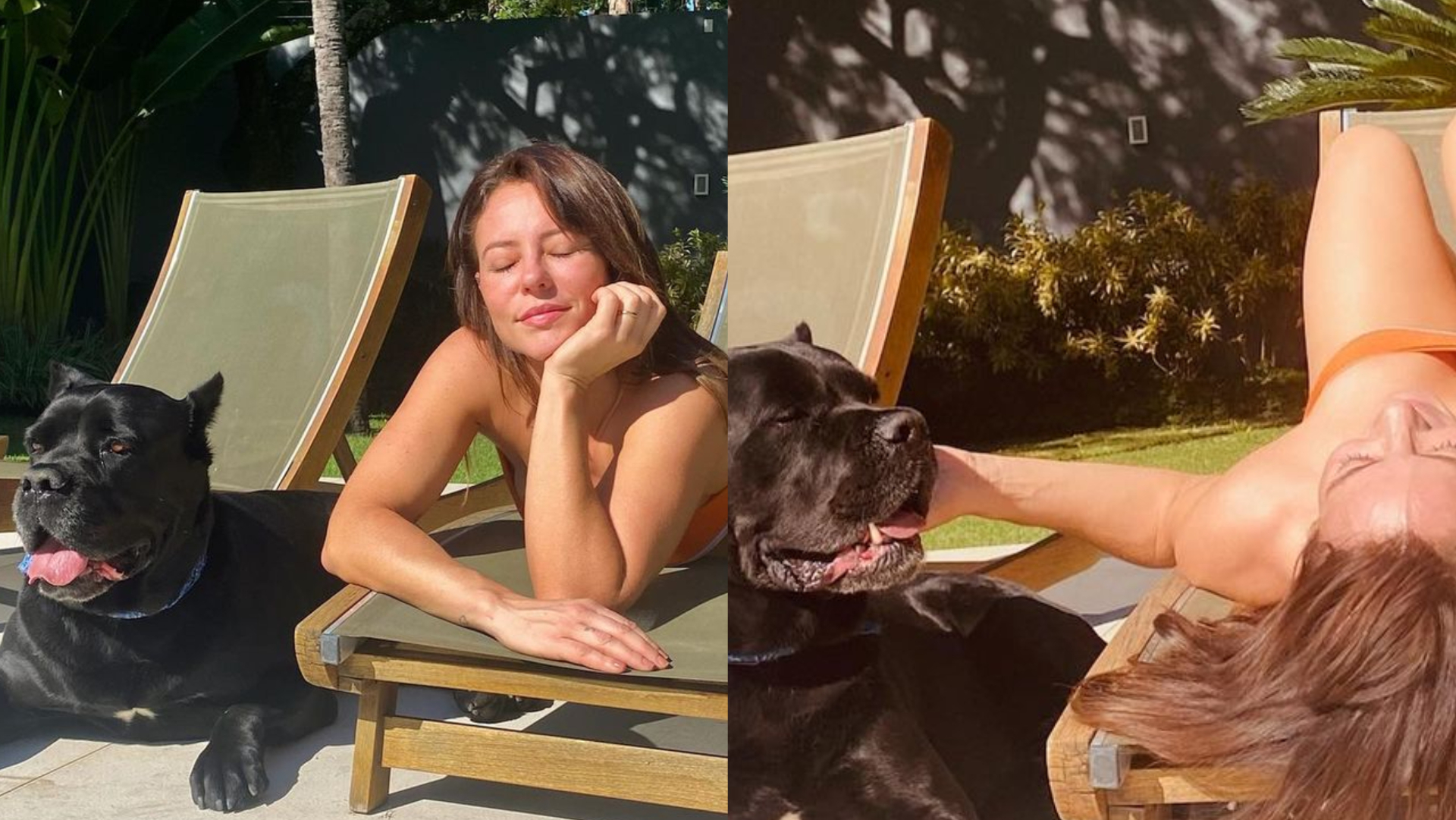 De biquíni tomara que caia, Paolla Oliveira renova o bronzeado em dia de sol com seu pet