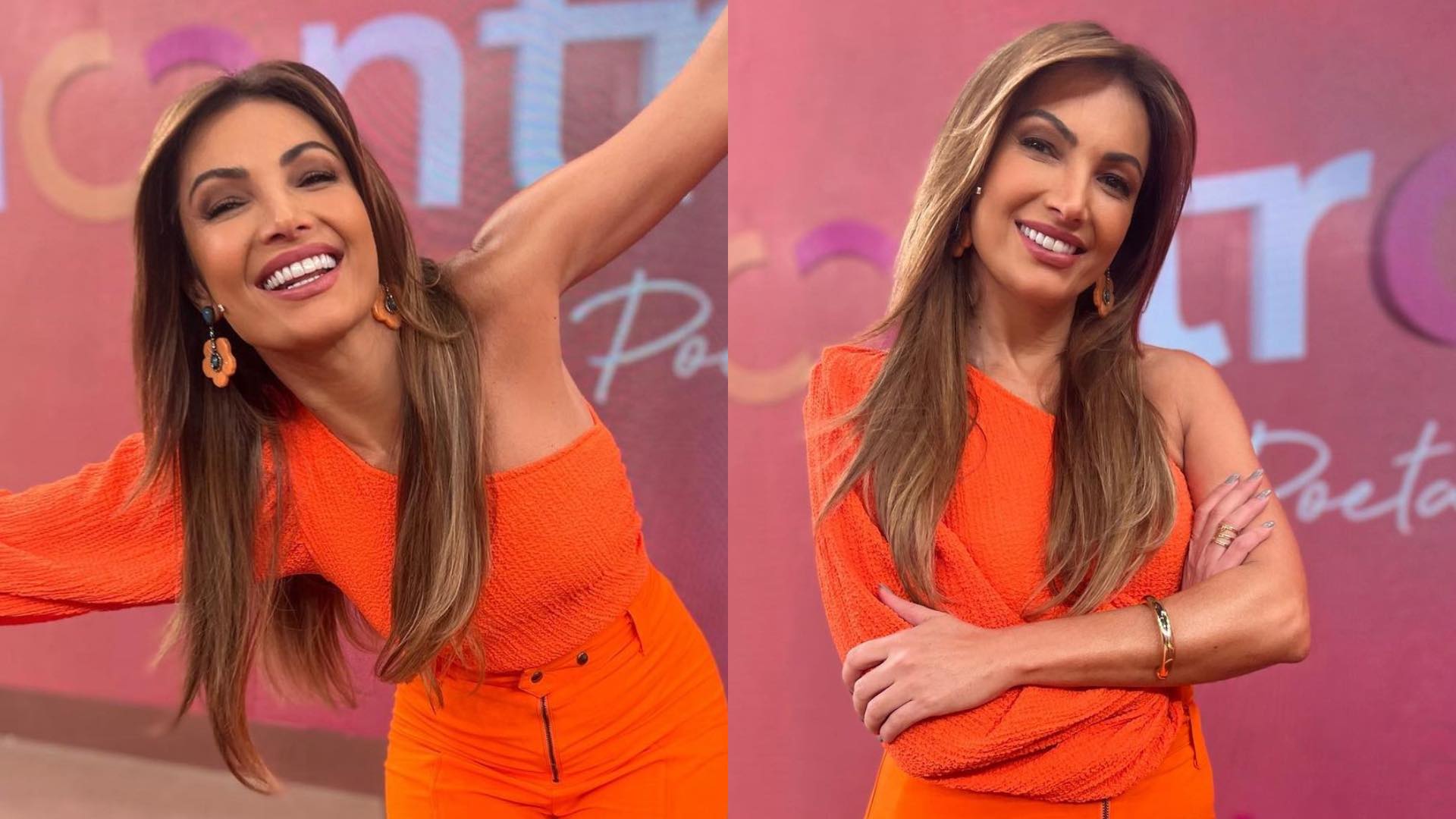 Patrícia Poeta elege look laranja para comandar o ‘Encontro’ e surpreende internautas com a beleza