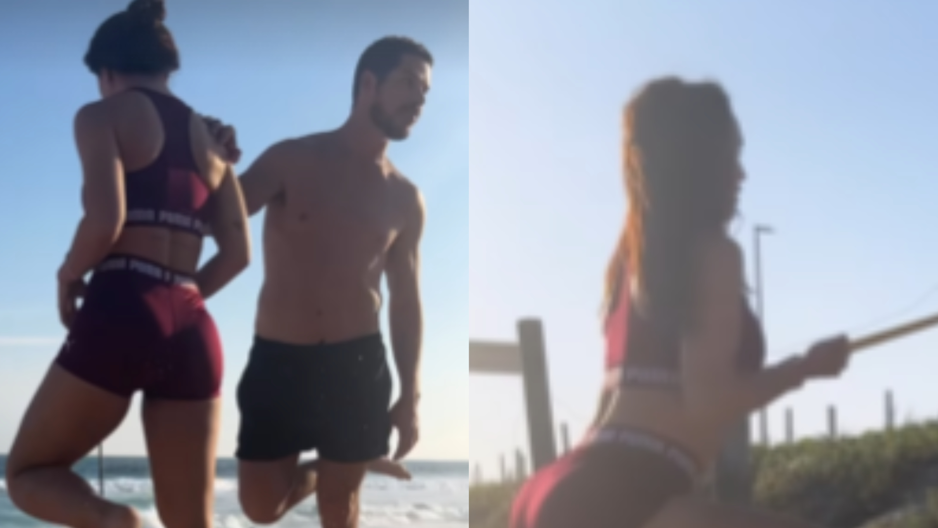 De top e shortinho, Rafa Kalimann treina na praia ao lado de José Loreto