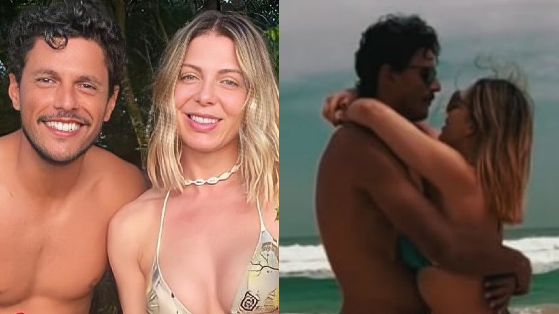 De biquíni, Sheila Mello surge agarradinha com o namorado em dia de praia