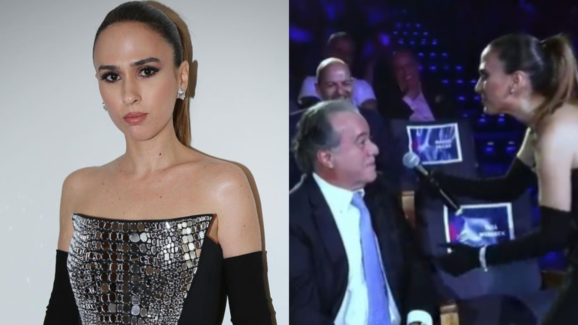 Com look luxuoso, Tata Werneck diverte público e dá selinho em Tony Ramos em evento