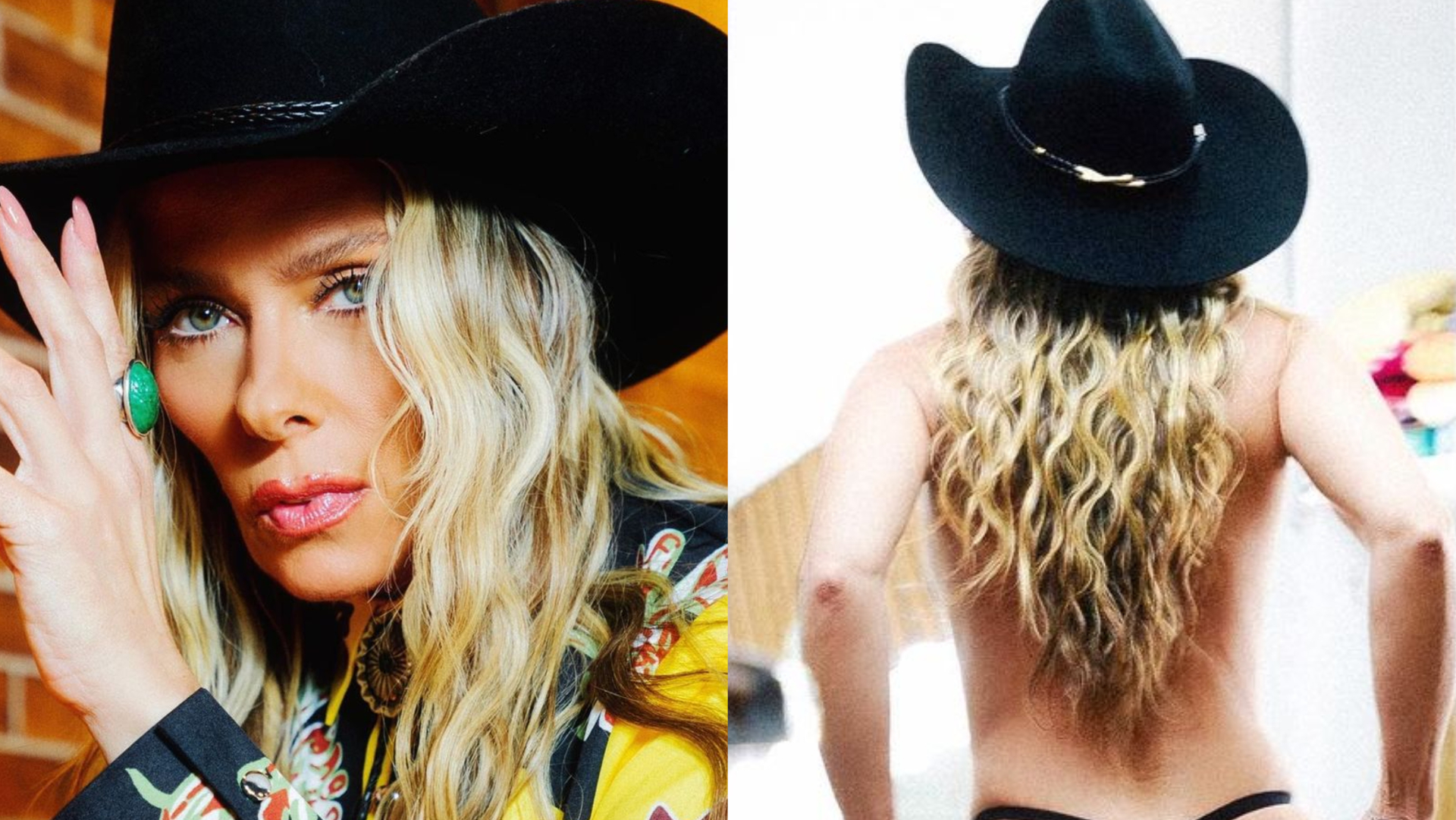De chapéu, Adriane Galisteu faz topless de calcinha fio-dental em camarim