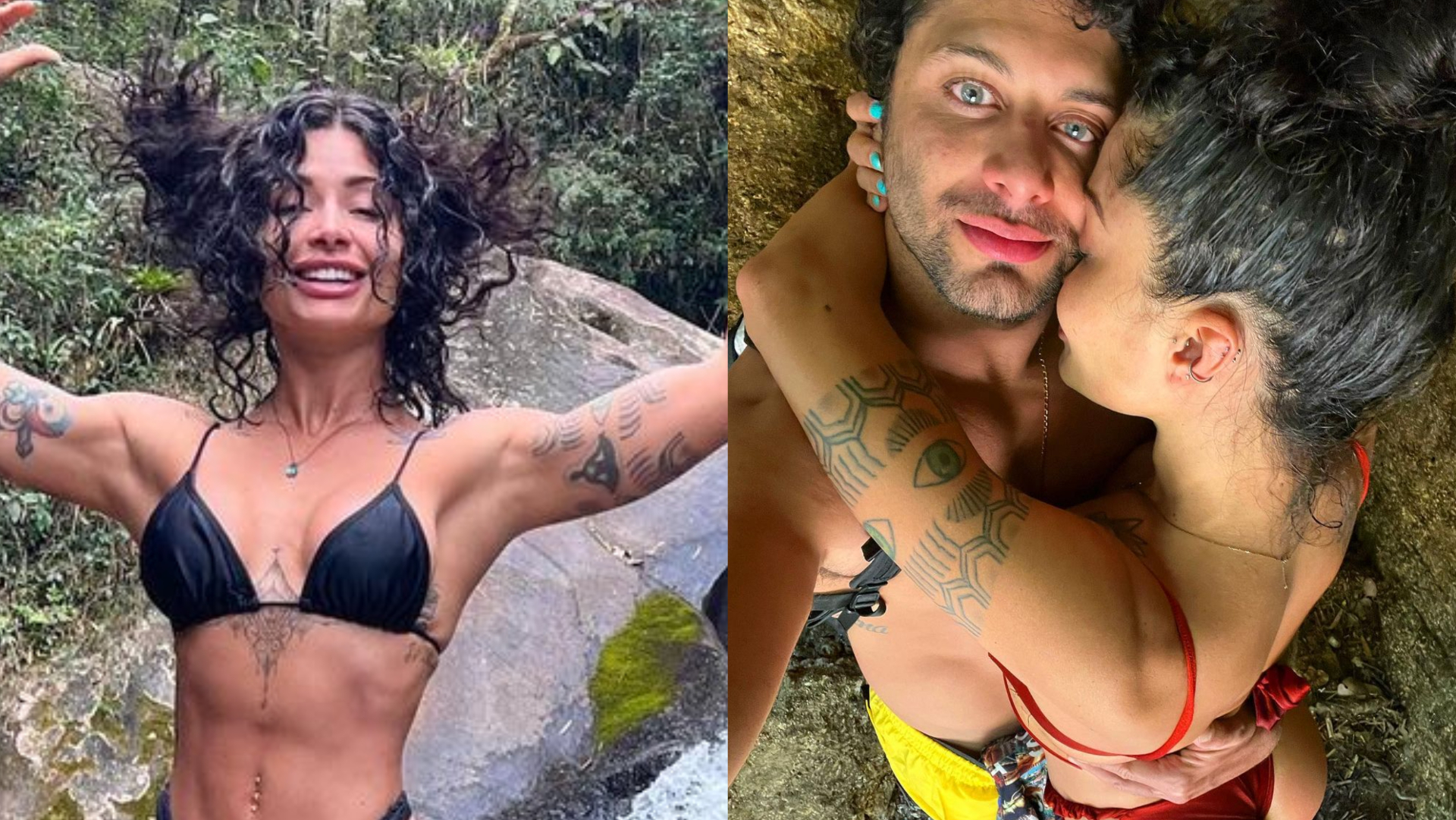De biquíni cavadíssimo, Aline Campos ostenta corpaço em cachoeira com Jesus Luz