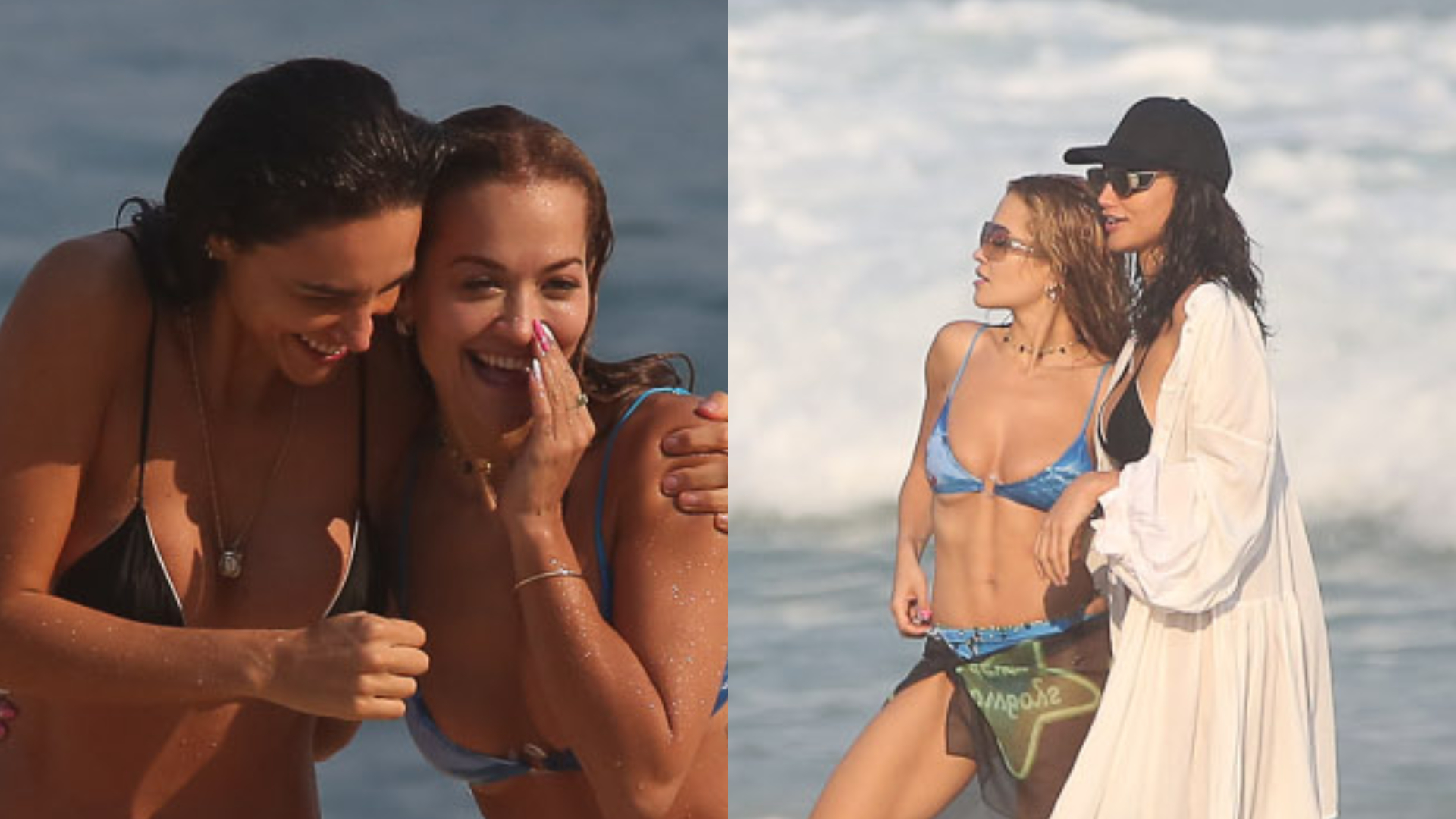 Débora Nascimento curte dia de praia com a cantora Rita Ora no Rio