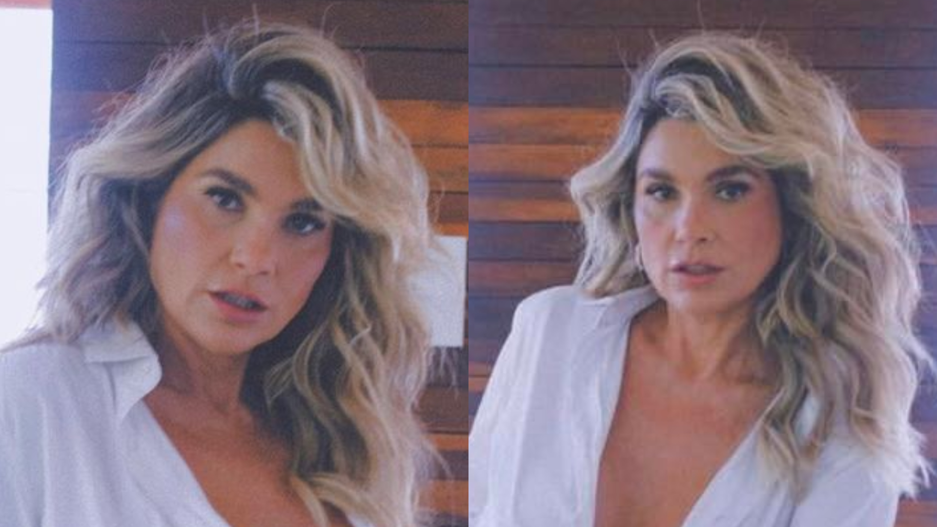 Sem sutiã, Flávia Alessandra deixa blusa aberta em sessão de fotos na banheira