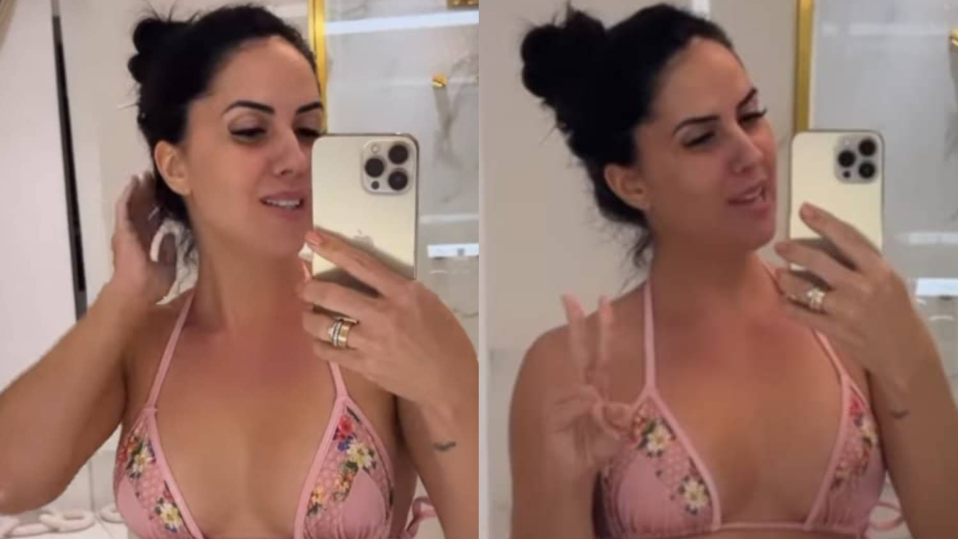 De biquíni, Graciele Lacerda ostenta corpaço em seu banheiro luxuoso