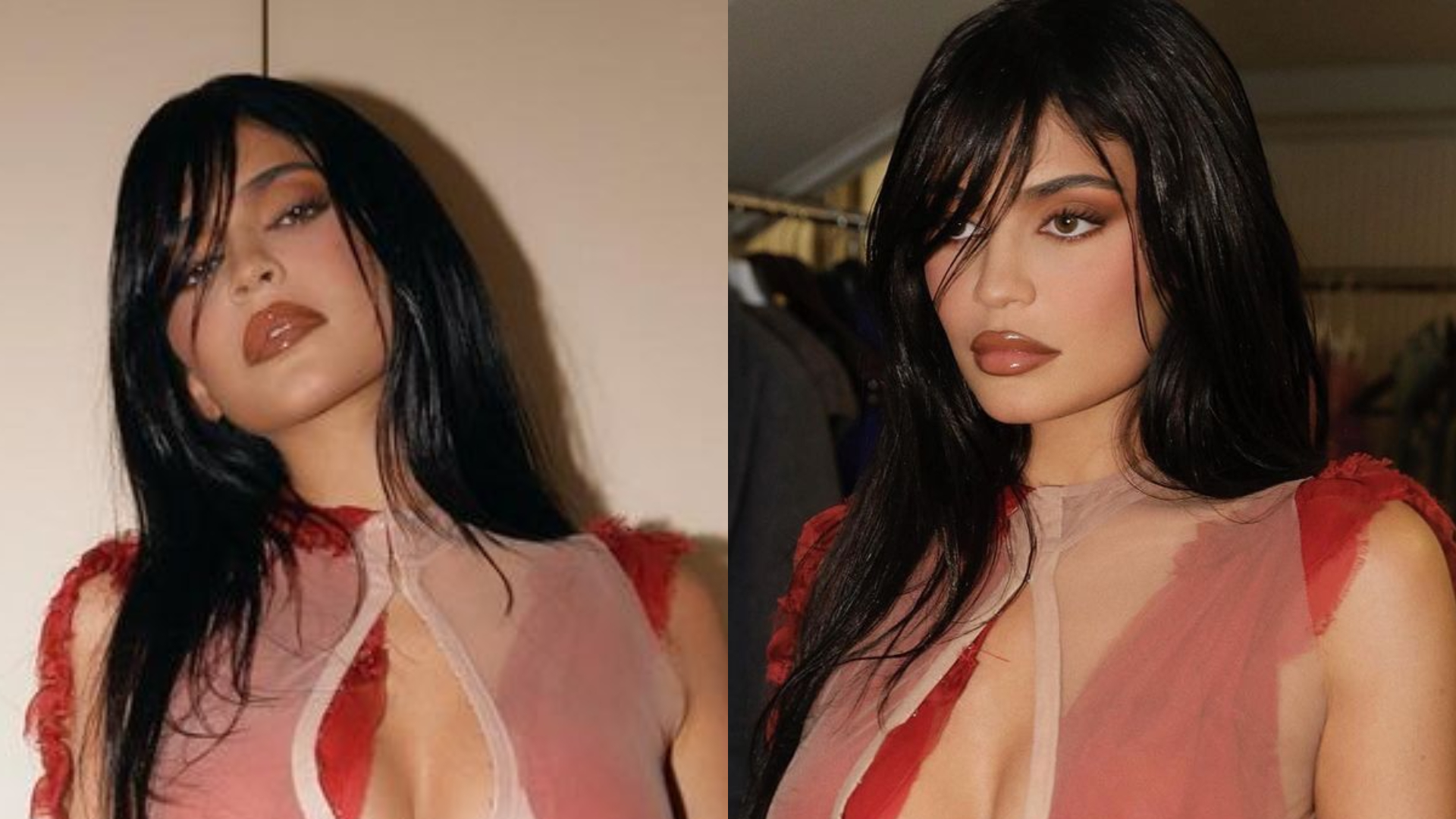 Kylie Jenner elege vestido transparente, decotado e com fenda para Semana de Moda em Paris