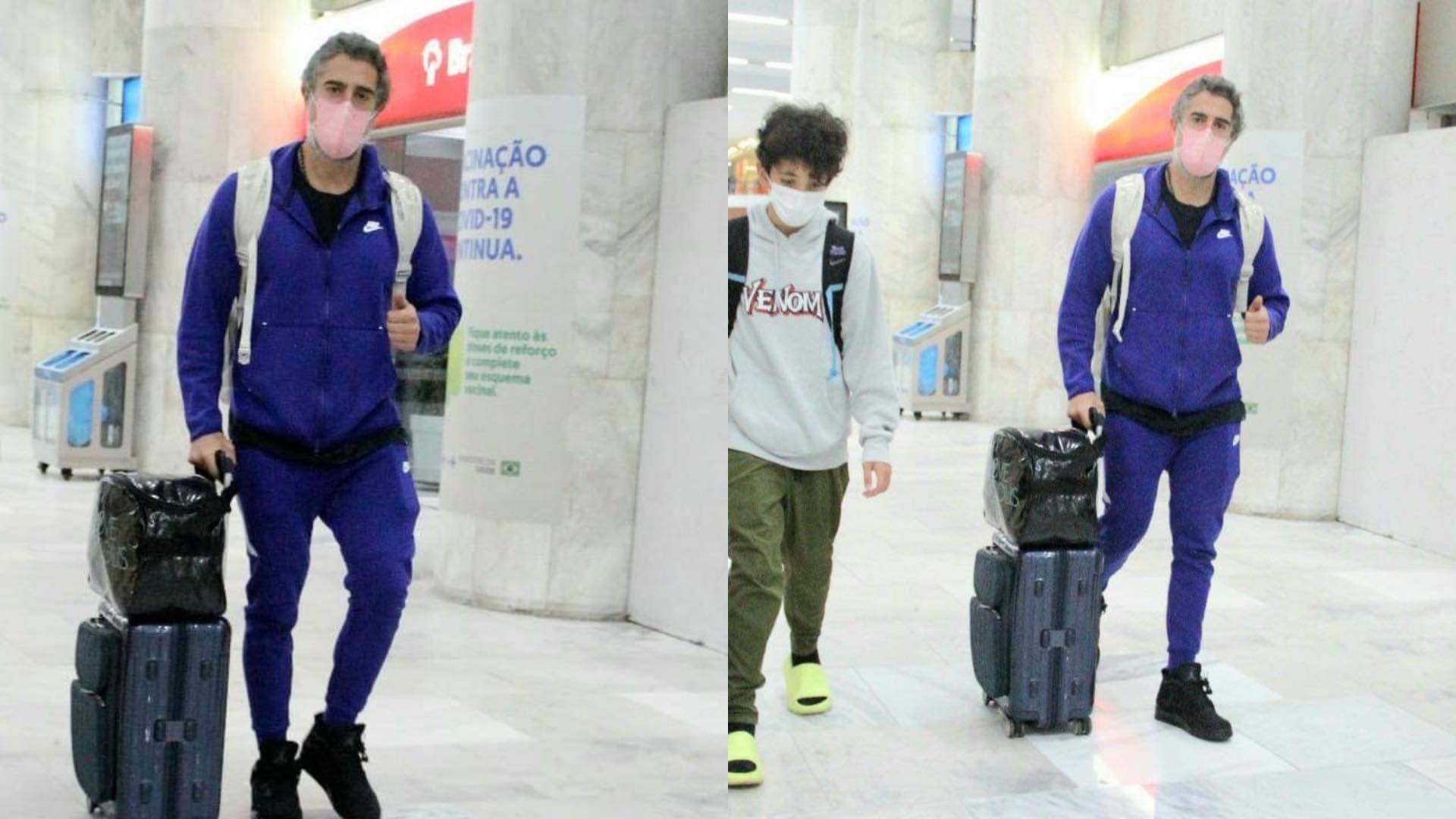 Marcos Mion desembarca com os filhos em aeroporto no Rio de Janeiro