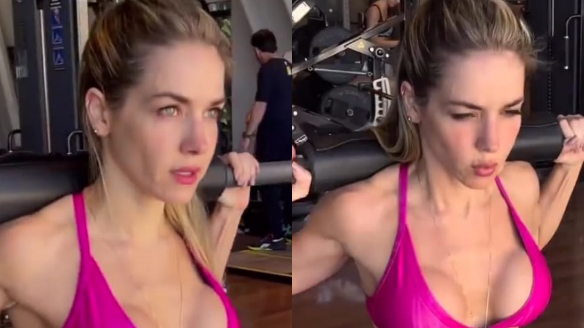 De top decotado, Monique Alfradique exibe cinturinha fininha durante treino na academia