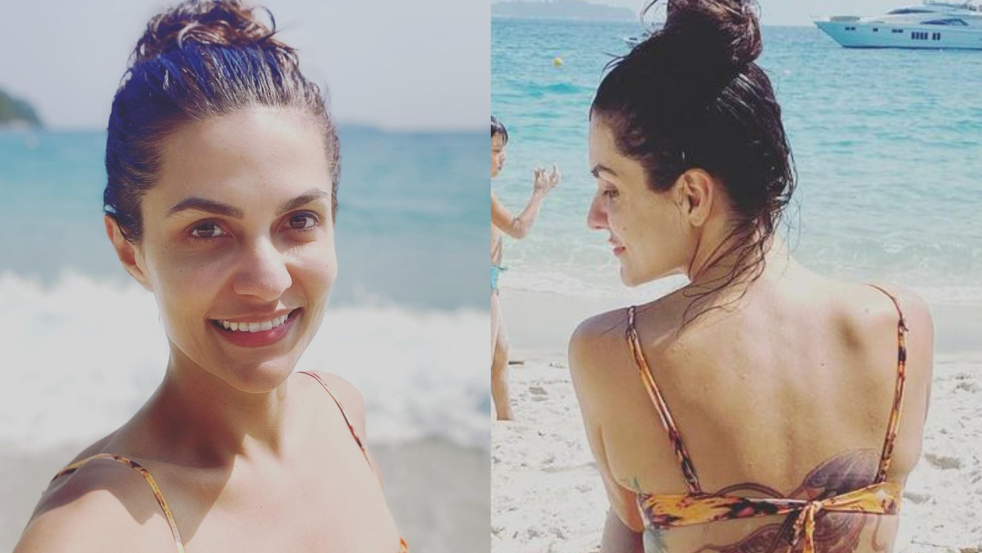 Paula Barbosa, a Zefa de ‘Pantanal’, exibe corpão em dia de praia com o marido e o filho
