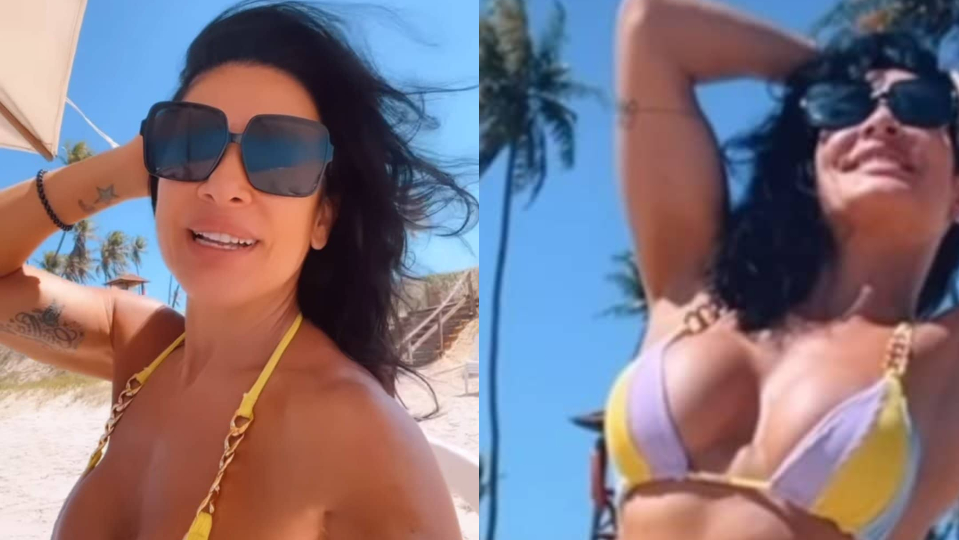 De biquíni fininho, Scheila Carvalho exibe curvas turbinadas na praia