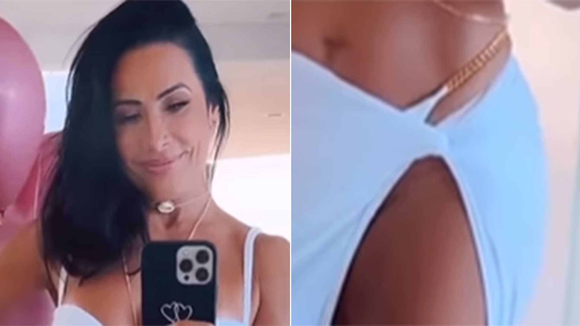 De biquíni branco, Scheila Carvalho usa saia com fenda profunda e exibe corpo sarado