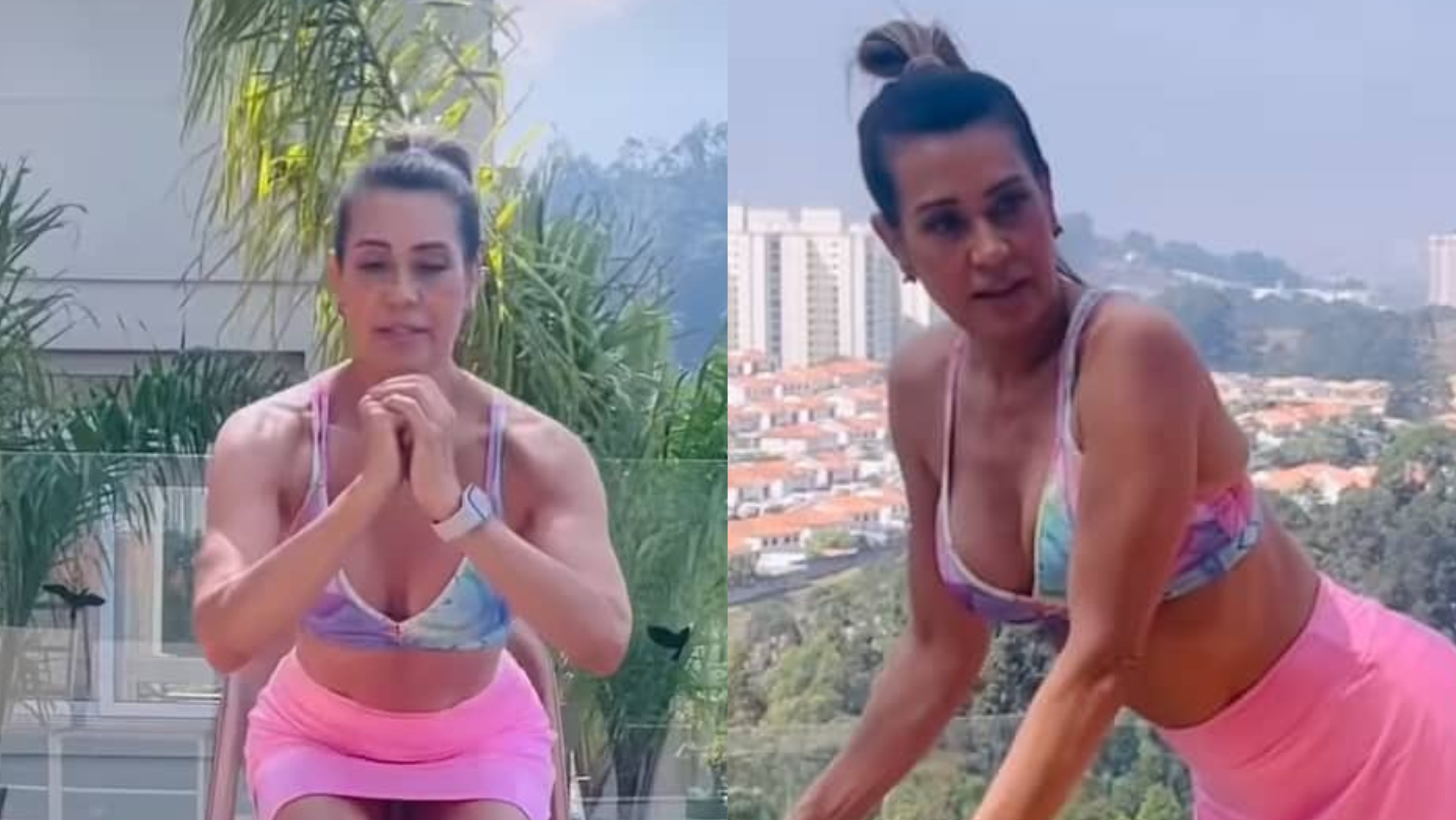 De top e saia, Solange Frazão exibe corpaço ao treinar na piscina