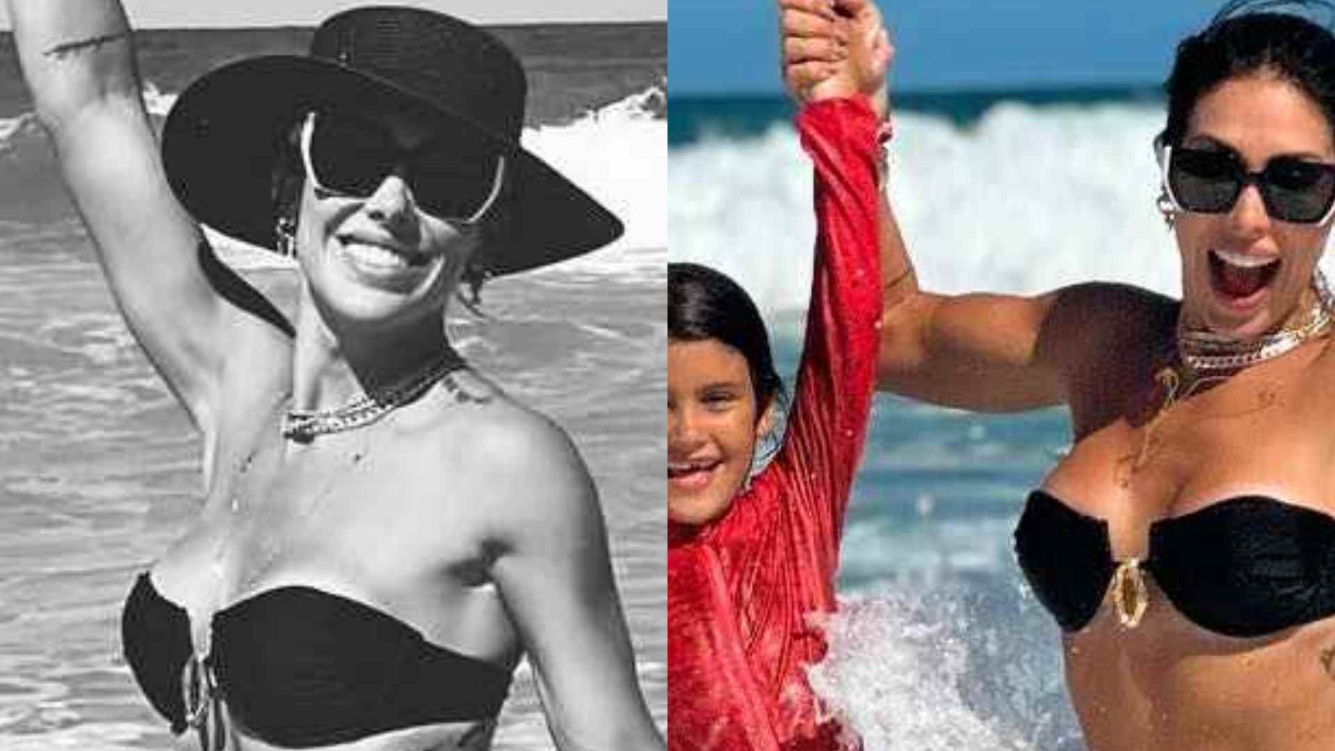 Com biquíni sem alças, Bella Falconi ostenta corpo sarado ao curtir dia na praia ao lado da família