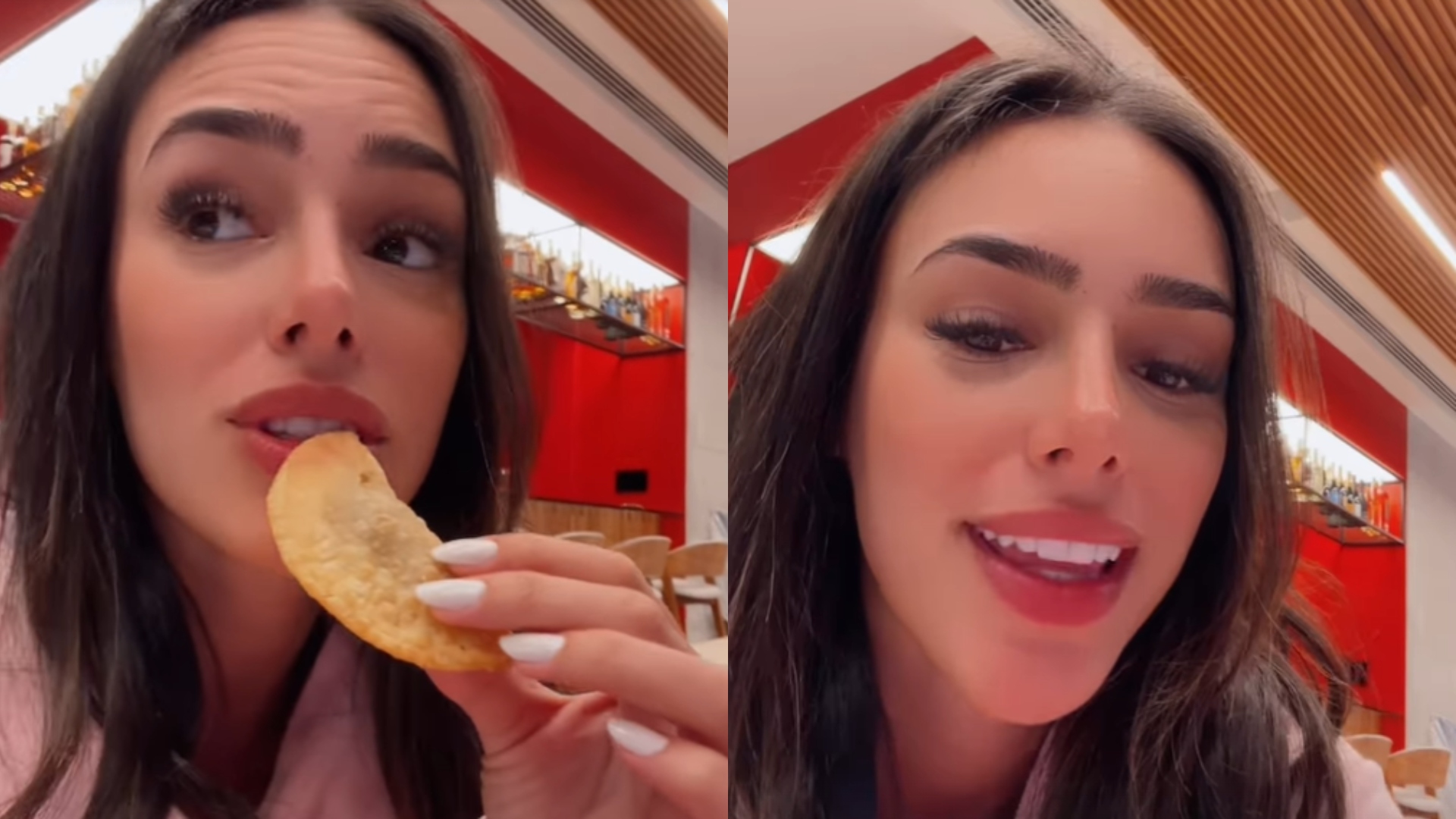 Grávida, Bruna Biancardi aproveita mudança no tempo para comer pastel em momento de lazer