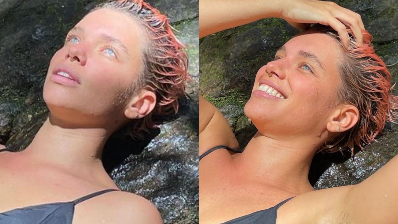 De biquíni fininho, Bruna Linzmeyer exibe corpão deitada em cachoeira
