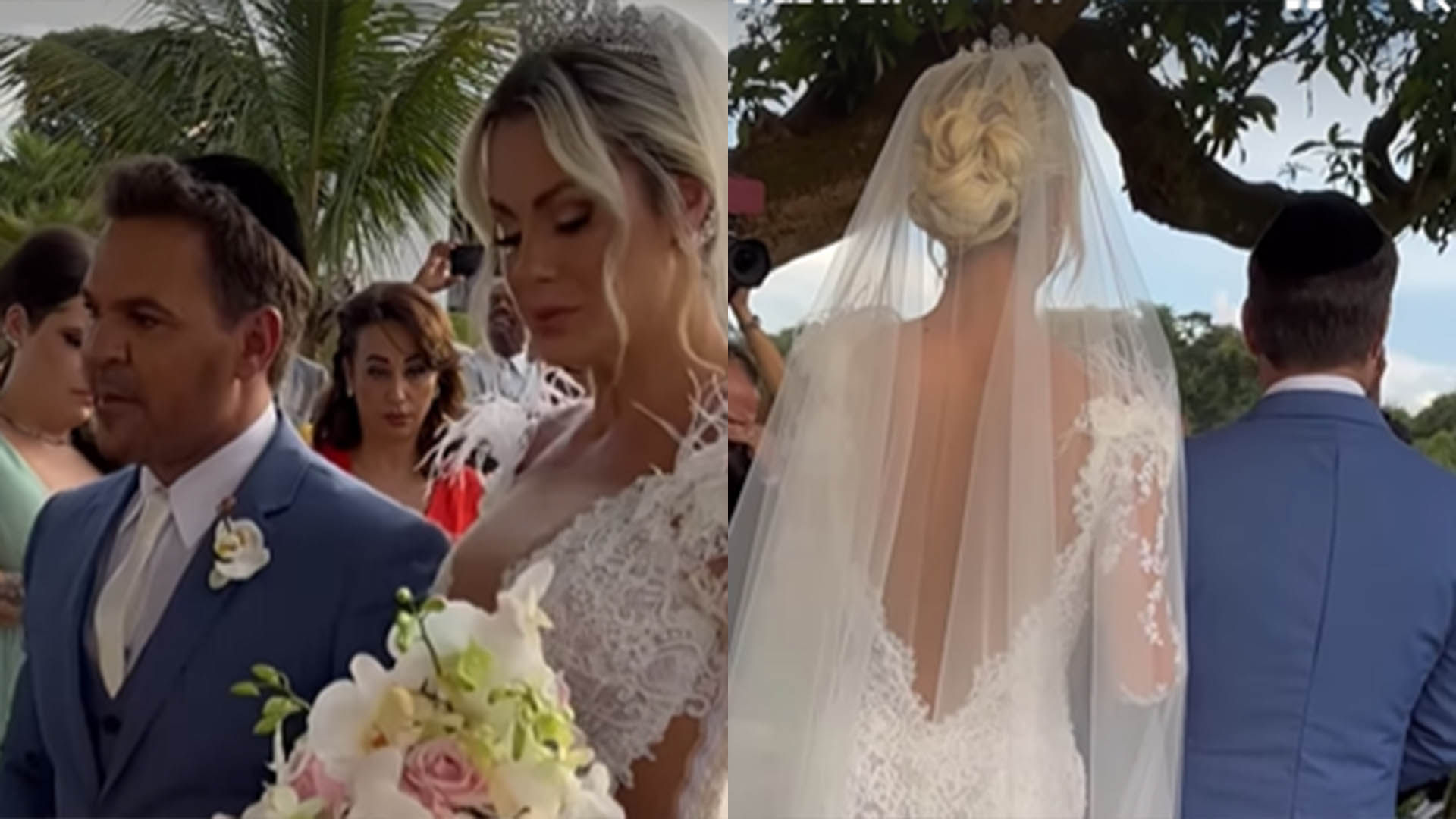Esposa de Eduardo Costa usa vestido de noiva com decote até o umbigo